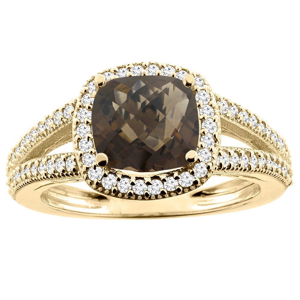 Sabrina Silver 10K Yellow Gold Natural Smoky Topaz Ring Cushion 7x7mm Diamond Accent 3/8 inch wide, sizes 5 - 10