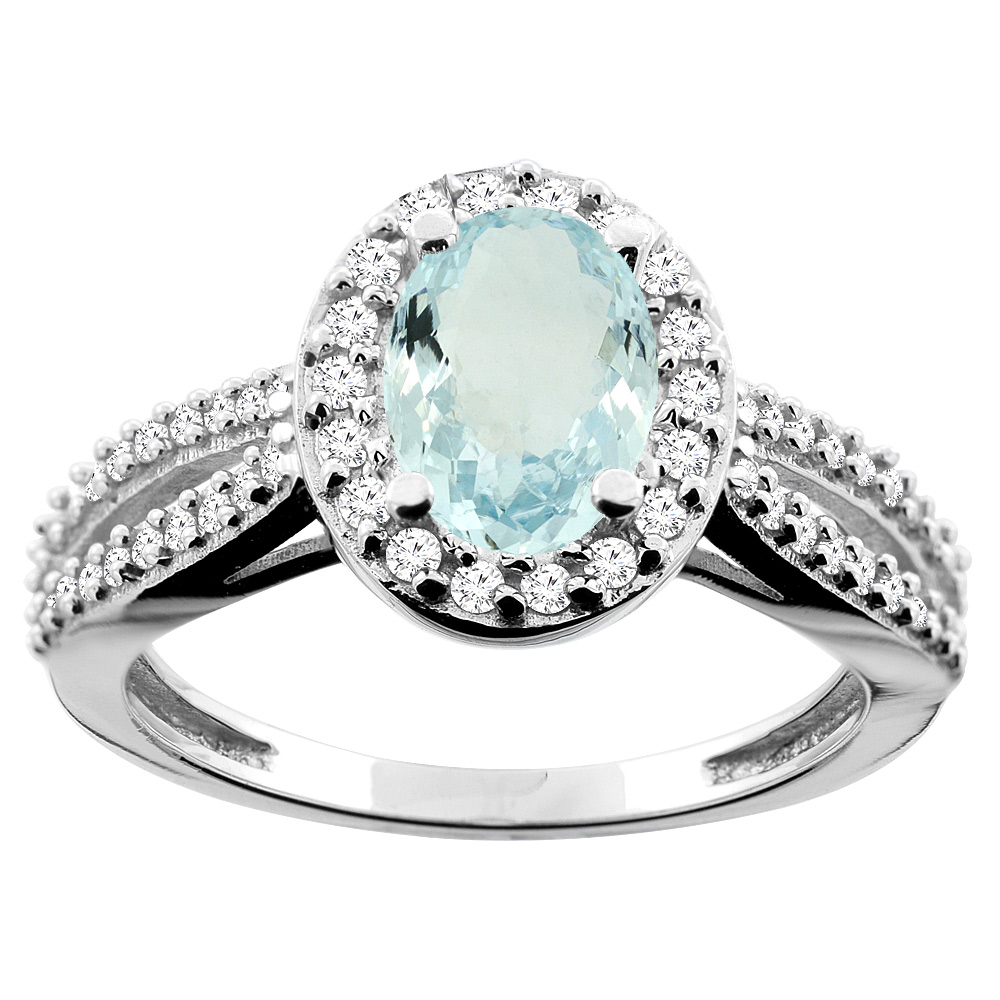 Sabrina Silver 10K White/Yellow/Rose Gold Natural Aquamarine Ring Oval 8x6mm Diamond Accent, sizes 5 - 10