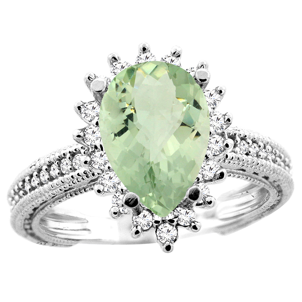 Sabrina Silver 10K White/Yellow/Rose Gold Genuine Green Amethyst Ring Pear 12x8mm Diamond Accent sizes 5 - 10