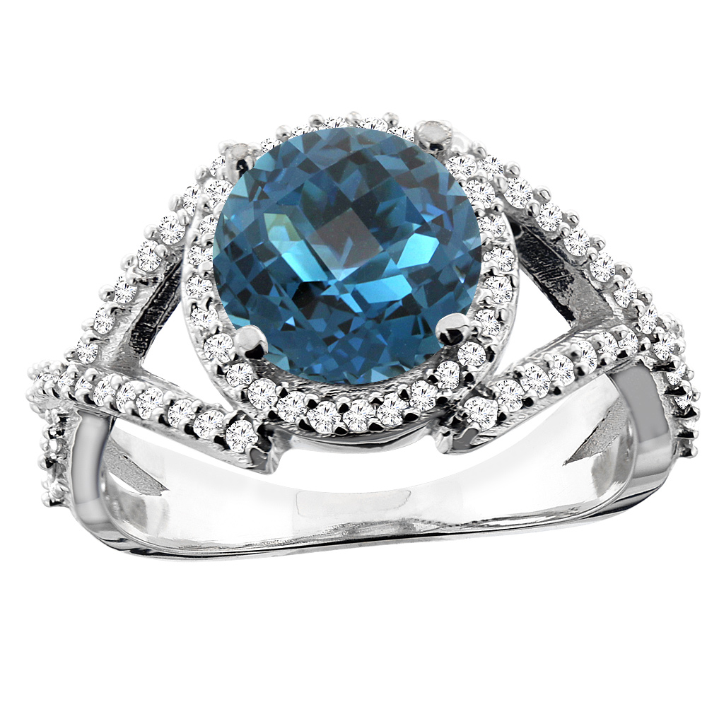 Sabrina Silver 10K White/Yellow/Rose Gold Natural London Blue Topaz Ring Round 8mm Diamond Accent, sizes 5 - 10