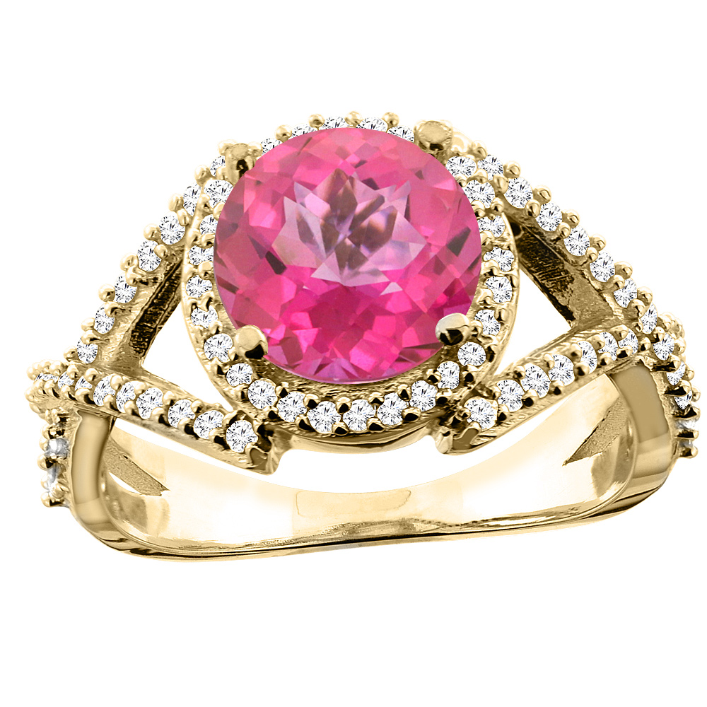 Sabrina Silver 10K White/Yellow/Rose Gold Natural Pink Topaz Ring Round 8mm Diamond Accent, sizes 5 - 10