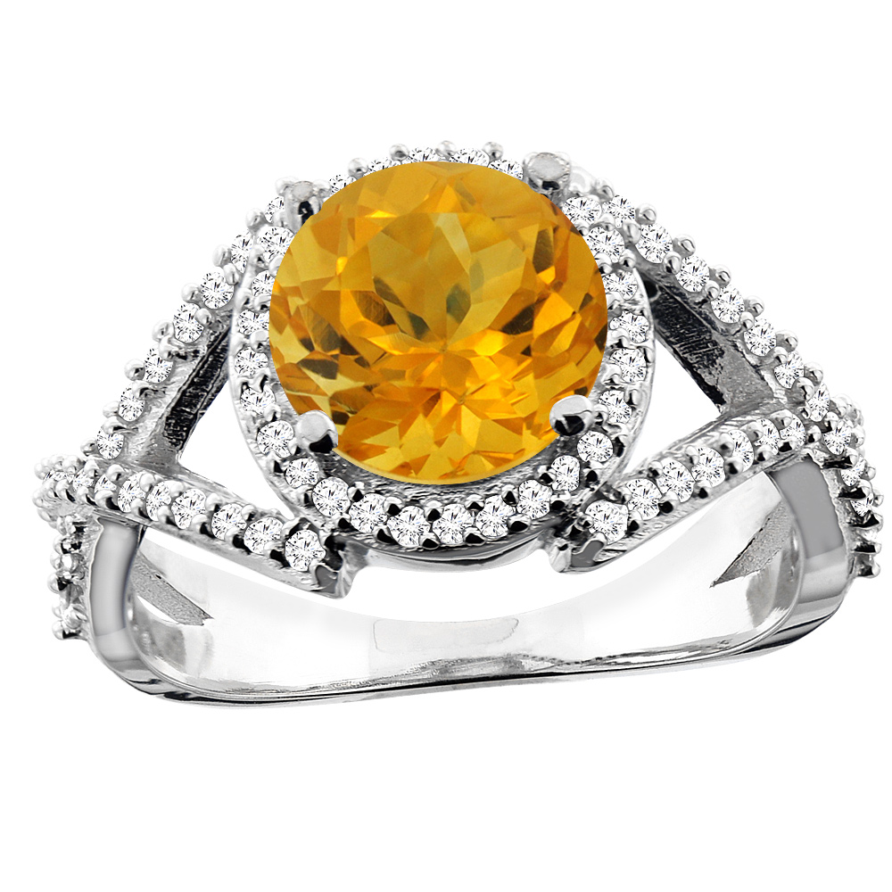 Sabrina Silver 10K White/Yellow/Rose Gold Natural Citrine Ring Round 8mm Diamond Accent, sizes 5 - 10