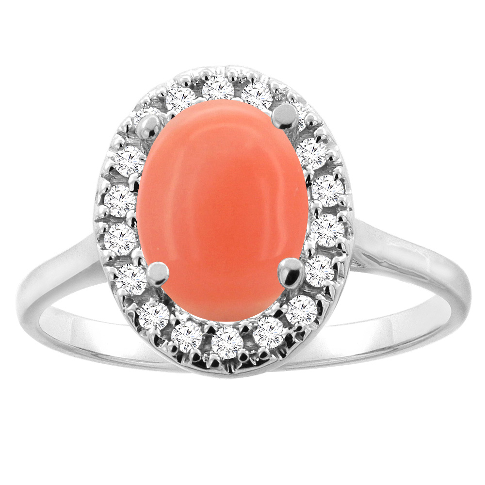 Sabrina Silver 10K Yellow Gold Natural Coral Halo Ring Oval 10x8mm Diamond Accent 1/2 inch wide  sizes 5 - 10