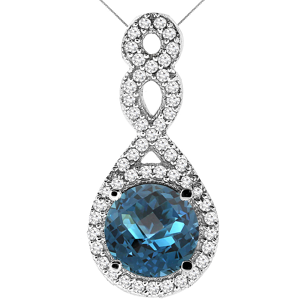 Sabrina Silver 14K White Gold Natural London Blue Topaz Eternity Pendant Round 7x7mm with 18 inch Gold Chain