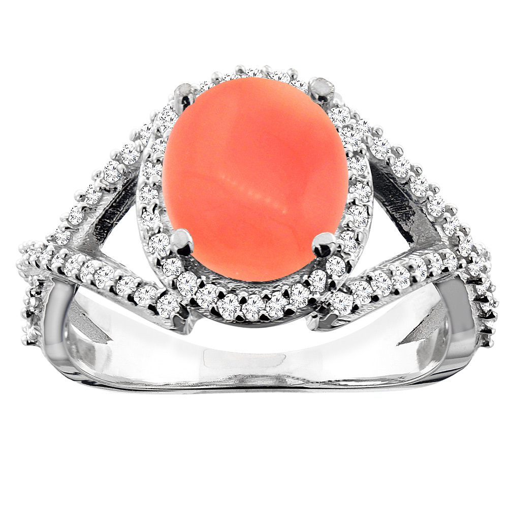Sabrina Silver 14K White/Yellow/Rose Gold Natural Coral Ring Oval 9x7mm Diamond Accent, sizes 5 - 10