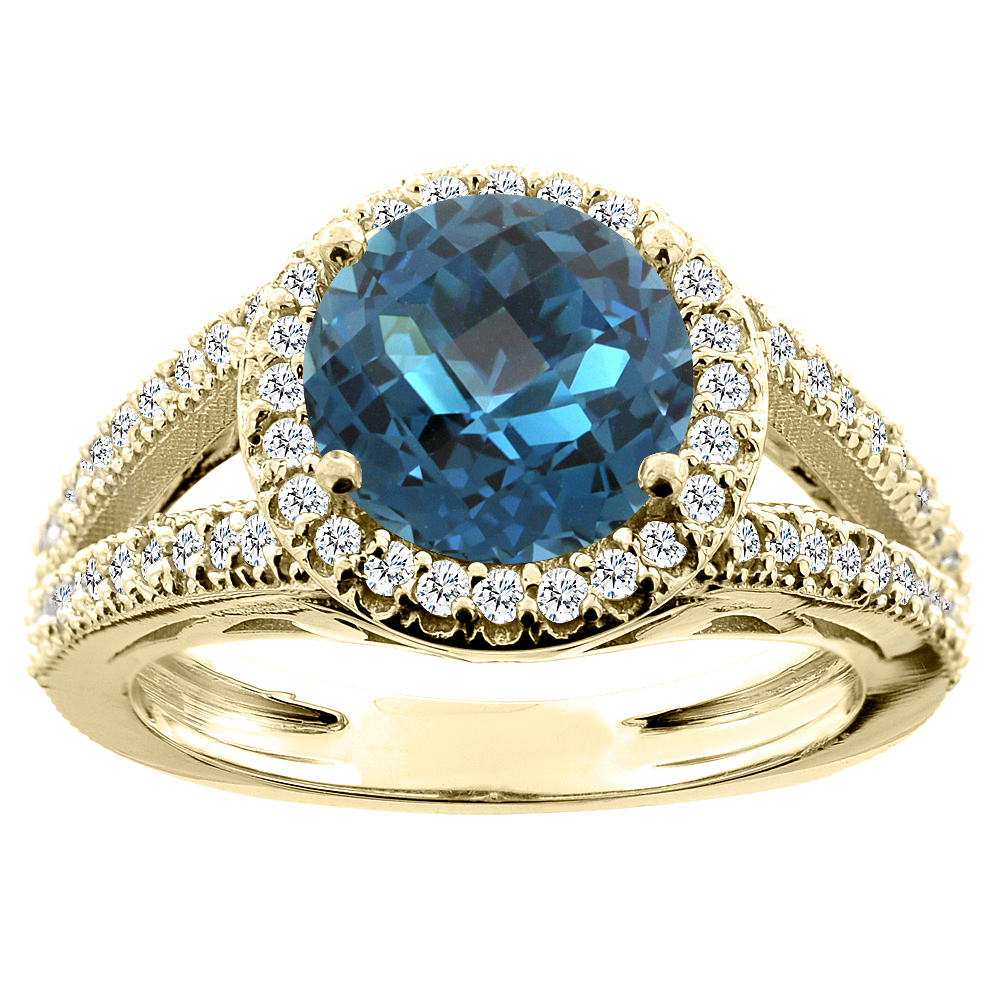 Sabrina Silver 14K White/Yellow/Rose Gold Natural London Blue Topaz Ring Round 8mm Diamond Accent, sizes 5 - 10