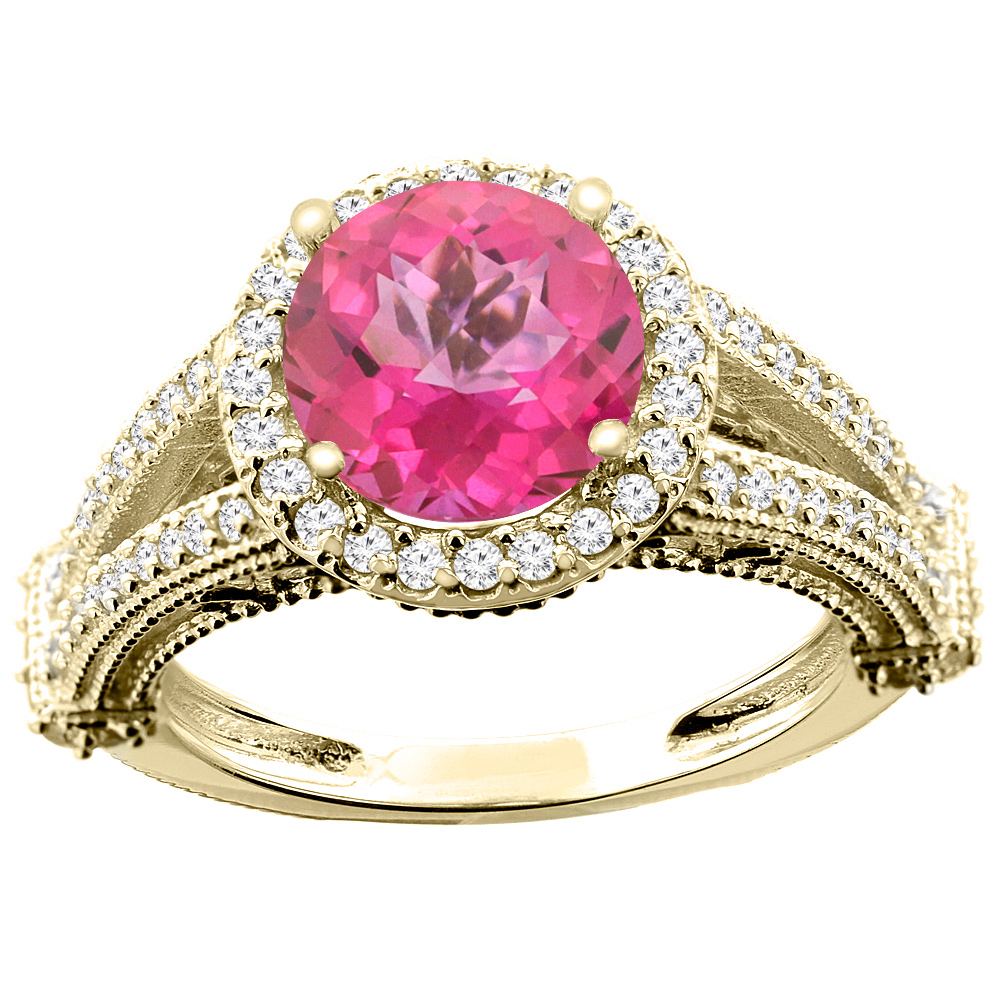 Sabrina Silver 14K White/Yellow/Rose Gold Natural Pink Topaz Ring Round 8mm Diamond Accent, sizes 5 - 10