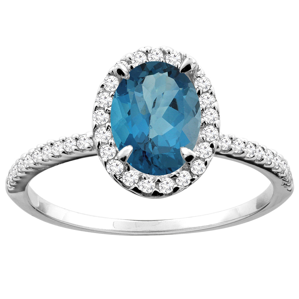Sabrina Silver 14K White/Yellow Gold Natural London Blue Topaz Ring Oval 8x6mm Diamond Accent, sizes 5 - 10
