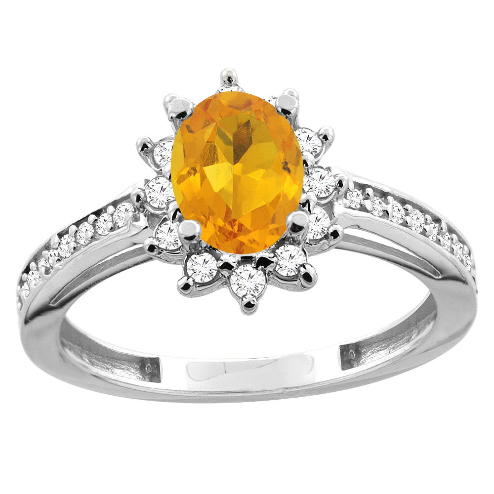 Sabrina Silver 14K White/Yellow Gold Diamond Natural Citrine Floral Halo Engagement Ring Oval 7x5mm, sizes 5 - 10
