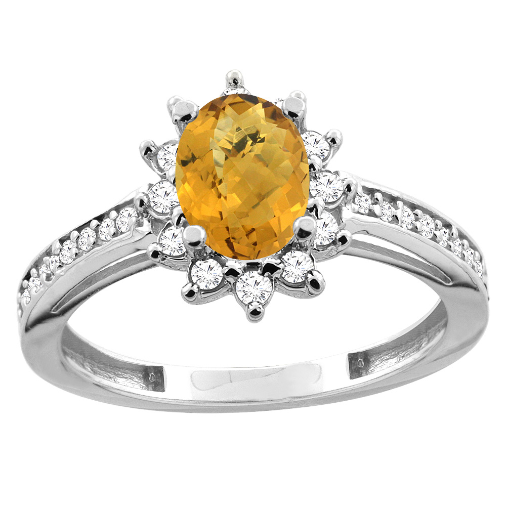 Sabrina Silver 14K White/Yellow Gold Diamond Natural Whisky Quartz Floral Halo Engagement Ring Oval 7x5mm, sizes 5 - 10