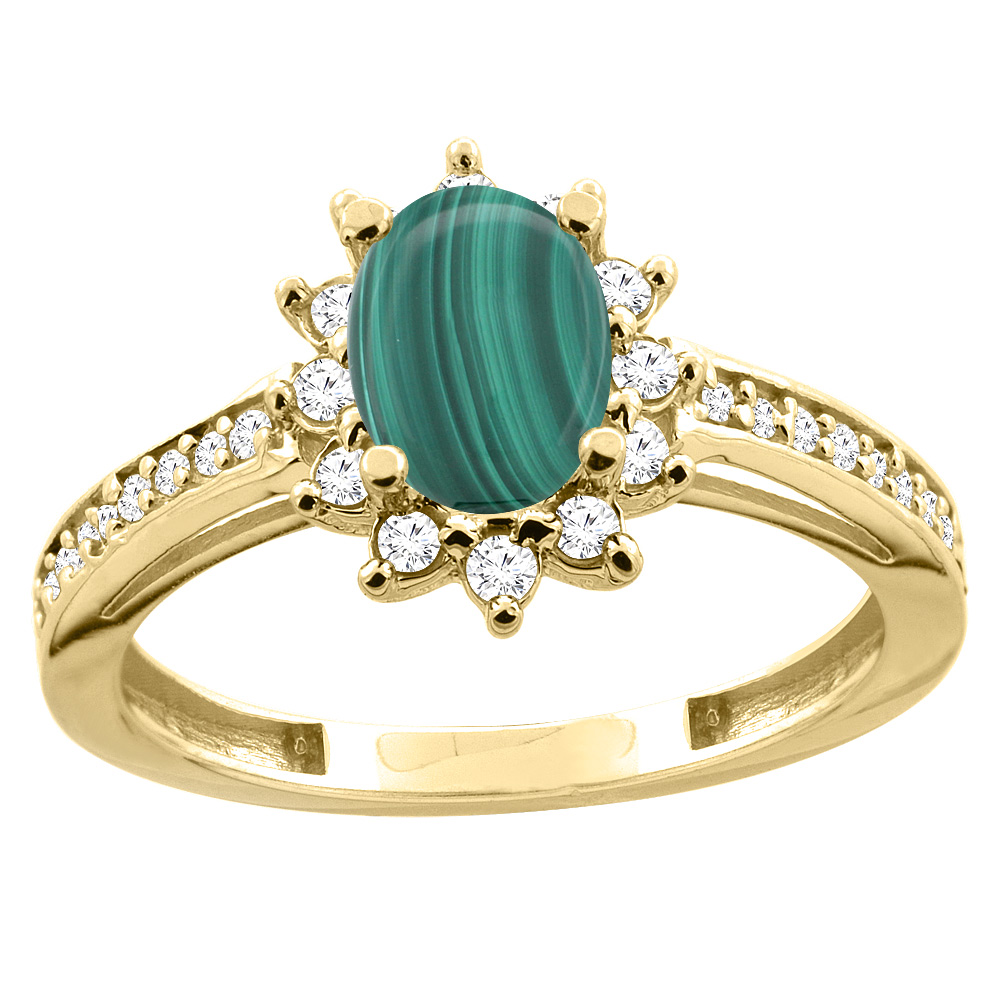 Sabrina Silver 14K White/Yellow Gold Diamond Natural Malachite Floral Halo Engagement Ring Oval 7x5mm, sizes 5 - 10