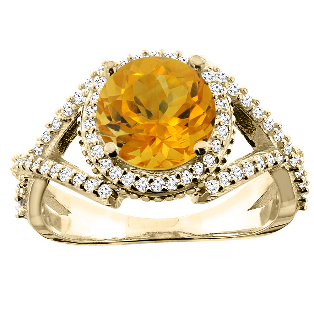 Sabrina Silver 14K White/Yellow/Rose Gold Natural Citrine Ring Round 8mm Diamond Accent, sizes 5 - 10