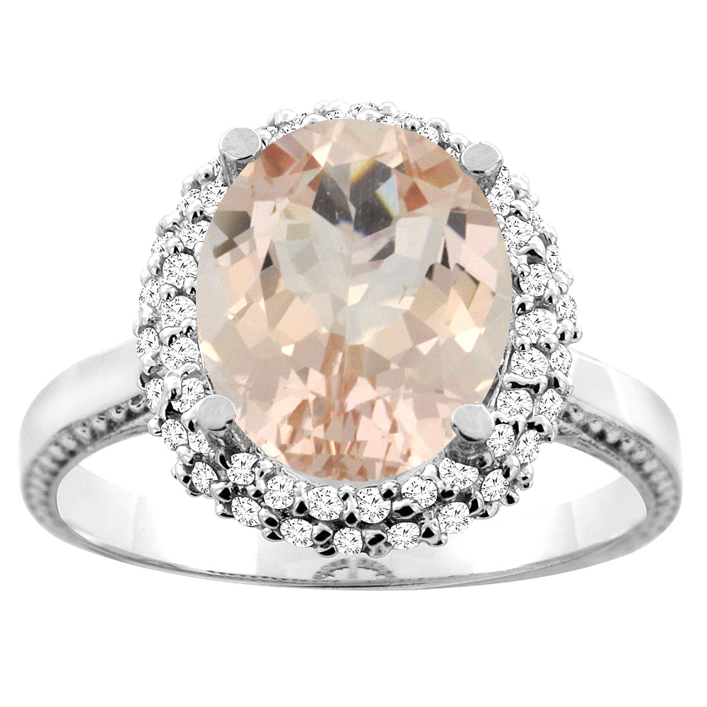 Sabrina Silver 14K White/Yellow Gold Natural Morganite Double Halo Ring Oval 10x8mm Diamond Accent, sizes 5 - 10
