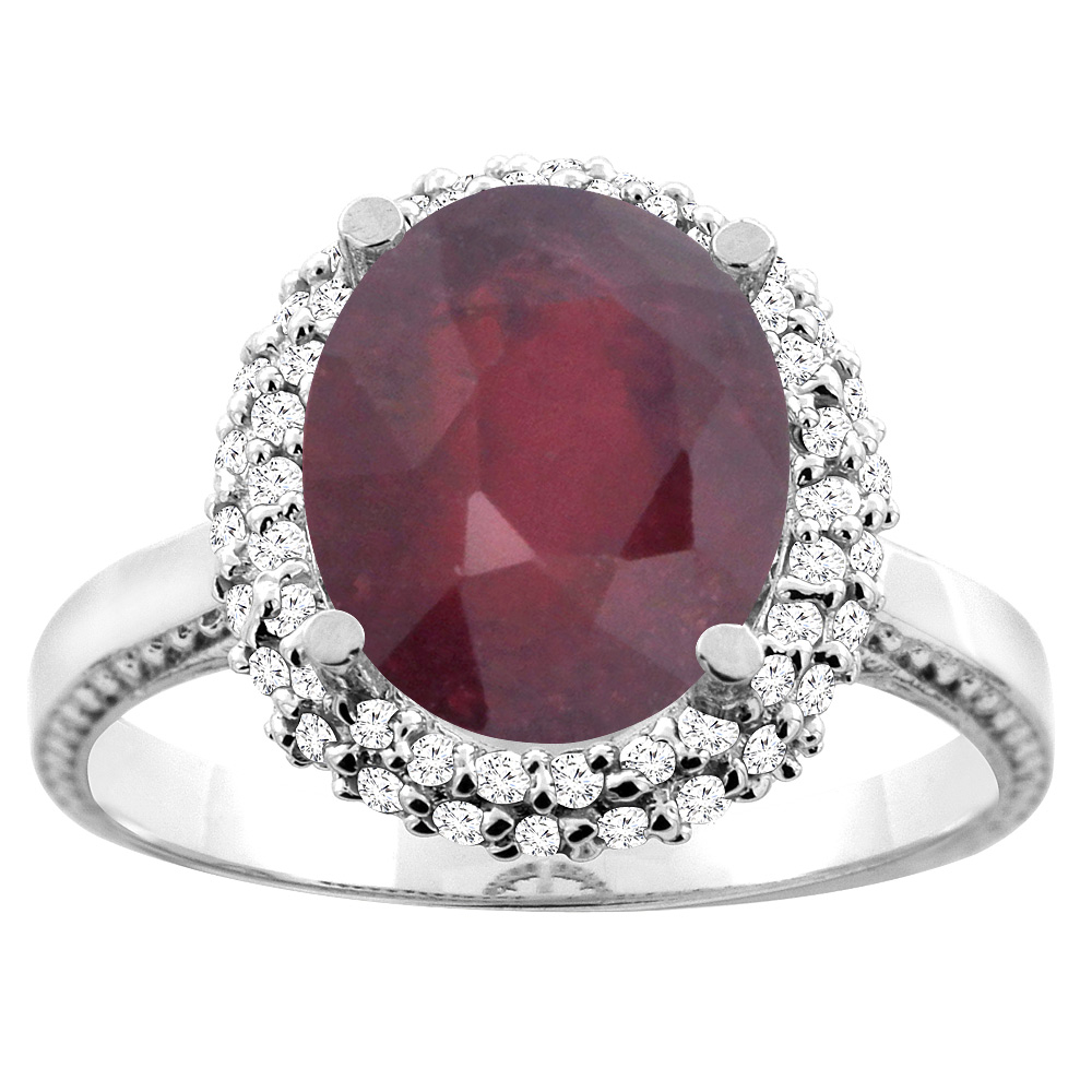 Sabrina Silver 14K White/Yellow Gold Enhanced Ruby Double Halo Ring Oval 10x8mm Diamond Accent, sizes 5 - 10