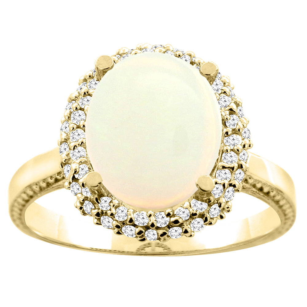 Sabrina Silver 14K White/Yellow Gold Natural Opal Double Halo Ring Oval 10x8mm Diamond Accent, sizes 5 - 10