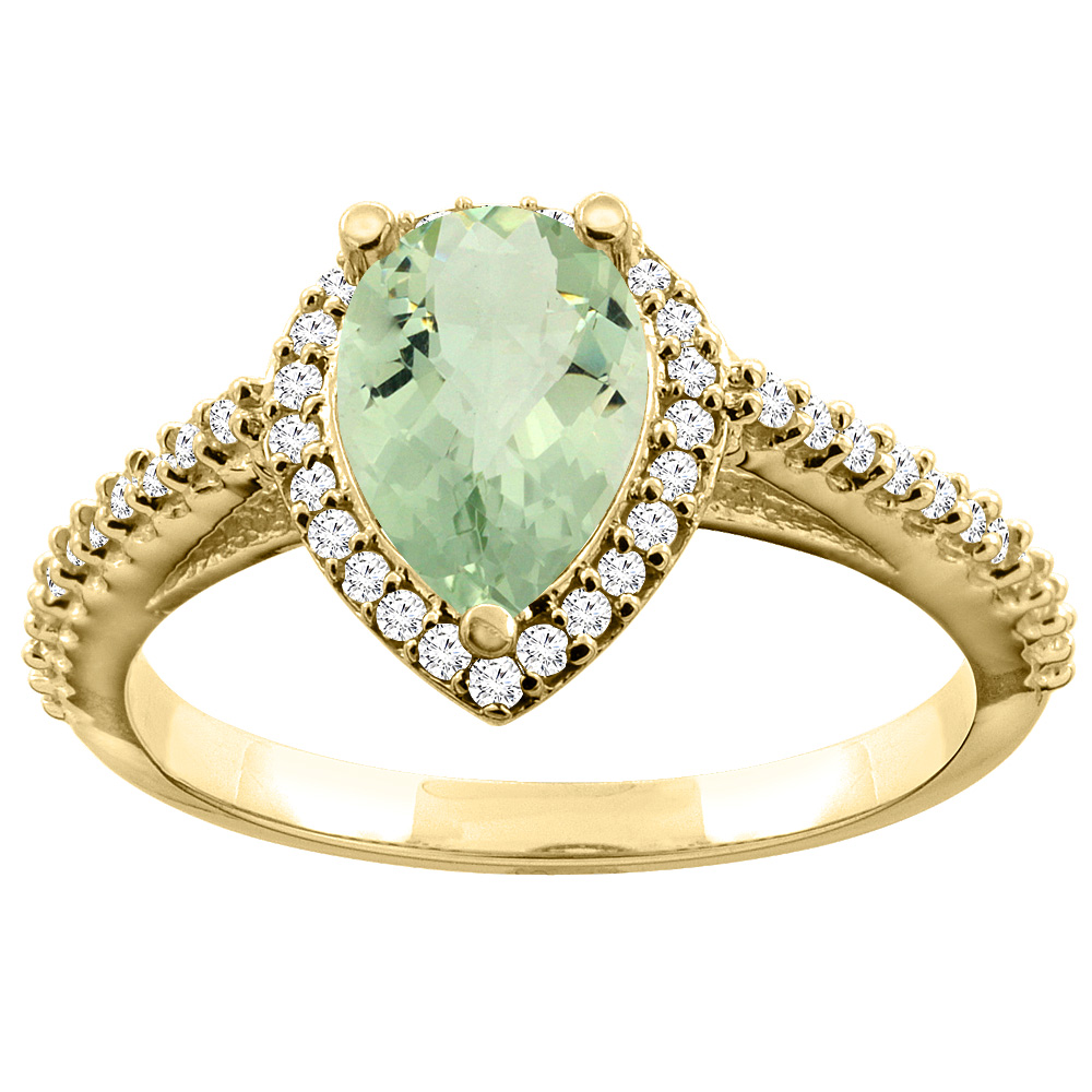 Sabrina Silver 14K Yellow Gold Natural Green Amethyst Ring Pear 9x7mm Diamond Accents, sizes 5 - 10