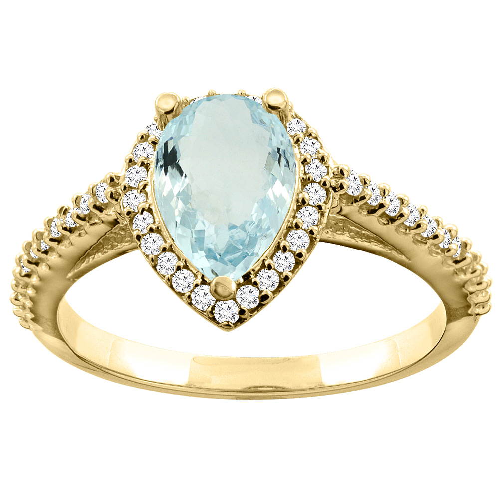 Sabrina Silver 14K Yellow Gold Natural Aquamarine Ring Pear 9x7mm Diamond Accents, sizes 5 - 10