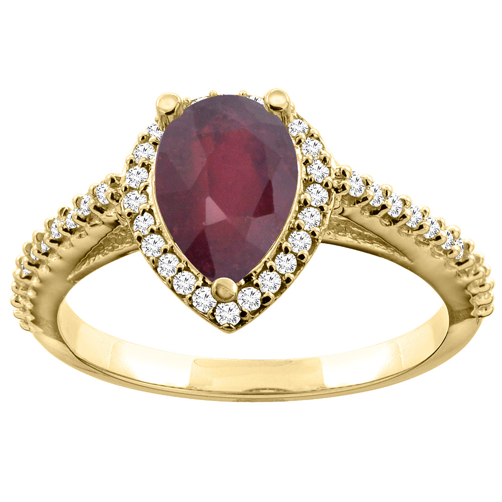 Sabrina Silver 14K Yellow Gold Enhanced Ruby Ring Pear 9x7mm Diamond Accents, sizes 5 - 10