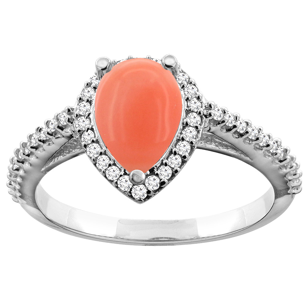 Sabrina Silver 14K White Gold Natural Coral Ring Pear 9x7mm Diamond Accents, sizes 5 - 10