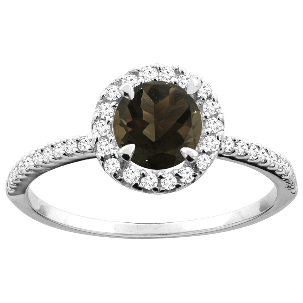 Sabrina Silver 14K Gold Natural Smoky Topaz Ring Round 6mm Diamond Accents, sizes 5 - 10