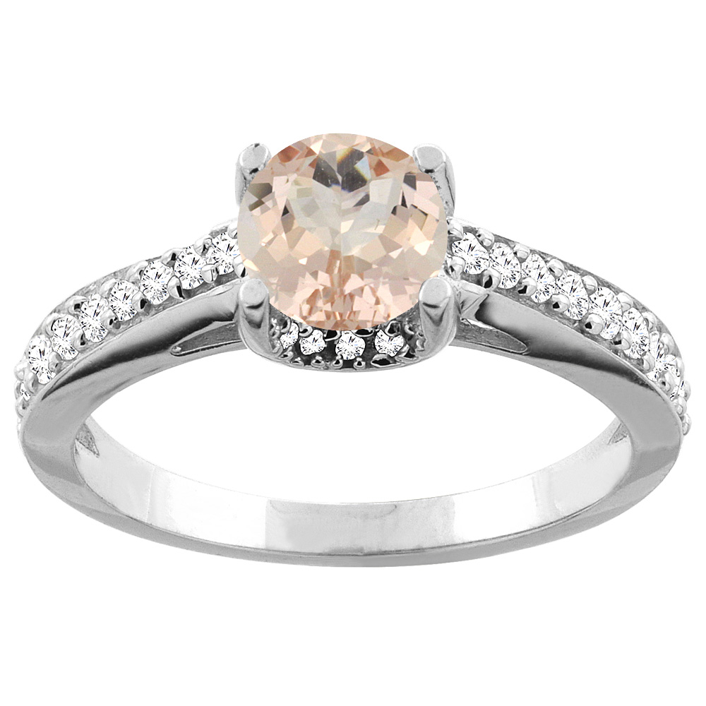 Sabrina Silver 14K White/Yellow Gold Natural Morganite Ring Round 6mm Diamond Accents 1/4 inch wide, sizes 5 - 10