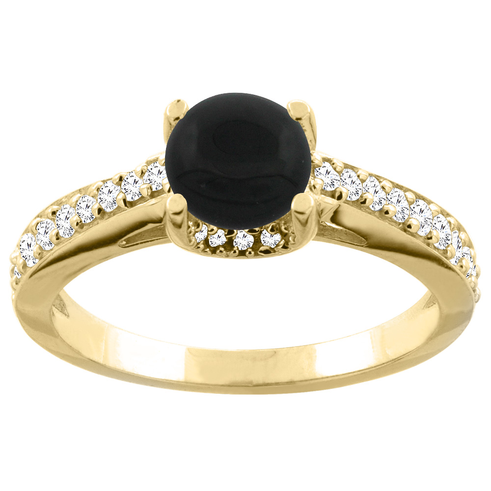 Sabrina Silver 14K Yellow Gold Natural Black Onyx Ring Round 6mm Diamond Accents 1/4 inch wide, sizes 5 - 10