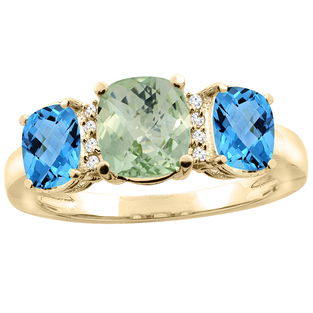Sabrina Silver 14K Yellow Gold Natural Green Amethyst & Swiss Blue Topaz 3-stone Ring Cushion 8x6mm Diamond Accent, sizes 5 - 10