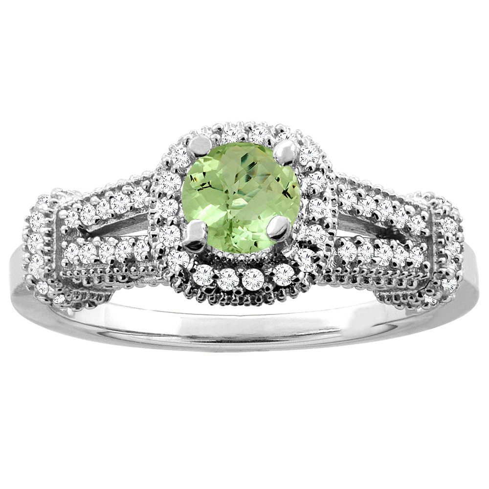 Sabrina Silver 14K White Gold Natural Peridot Engagement Halo Ring Round 5mm Diamond Accents, sizes 5 - 10