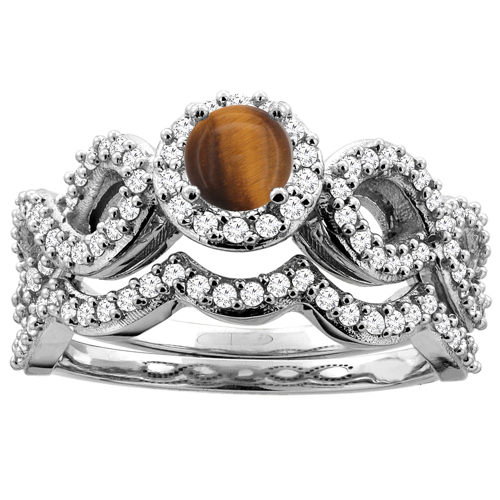 Sabrina Silver 14K White Gold Natural Tiger Eye Engagement Halo Ring Round 5mm Diamond 2-piece Accents, sizes 5 - 10