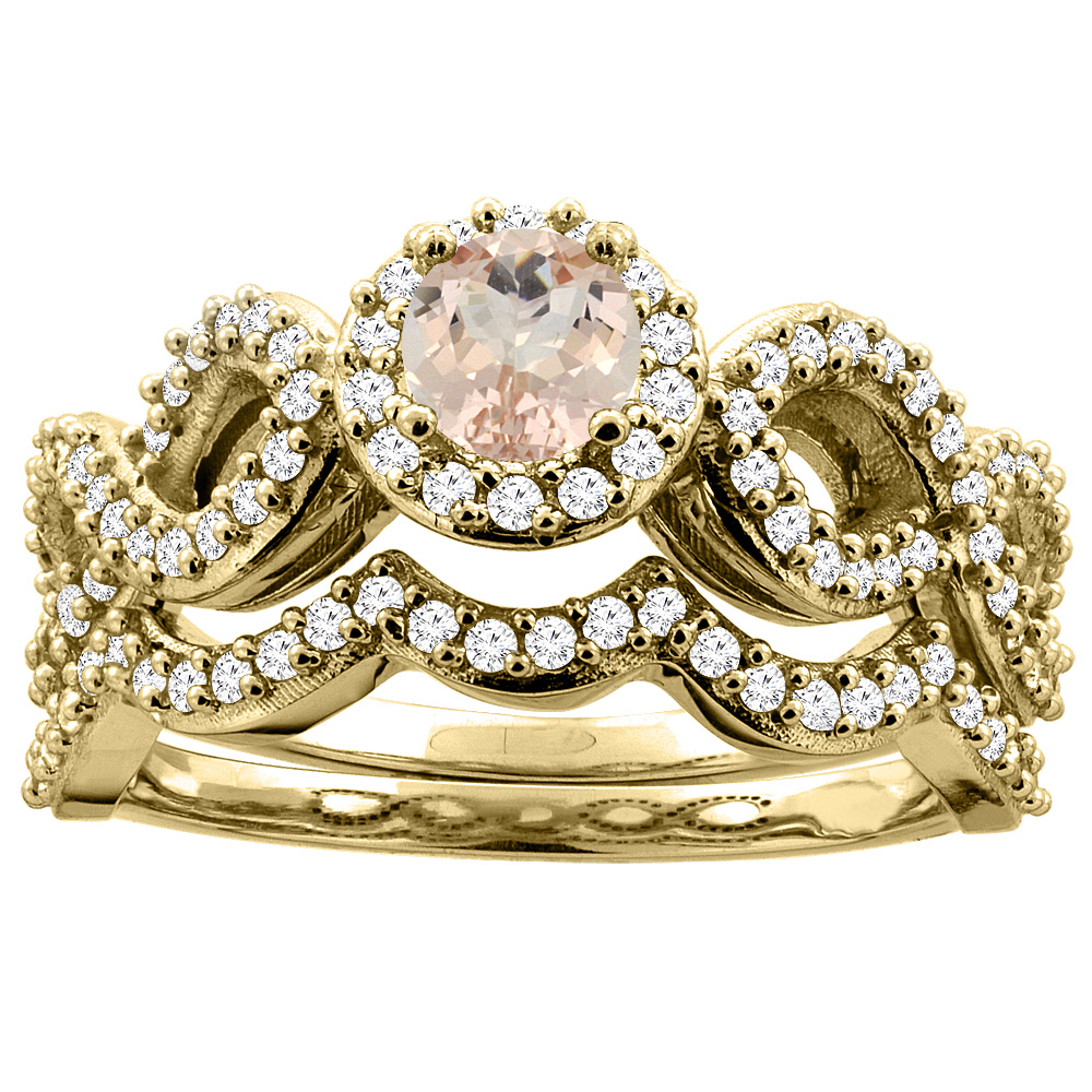 Sabrina Silver 14K Yellow Gold Natural Morganite Engagement Halo Ring Round 5mm Diamond 2-piece Accents, sizes 5 - 10