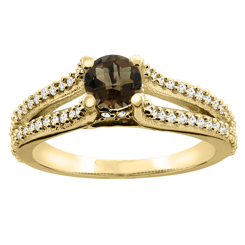 Sabrina Silver 14K Yellow Gold Natural Smoky Topaz Engagement Split Shank Ring Round 5mm Diamond Accents, sizes 5 - 10