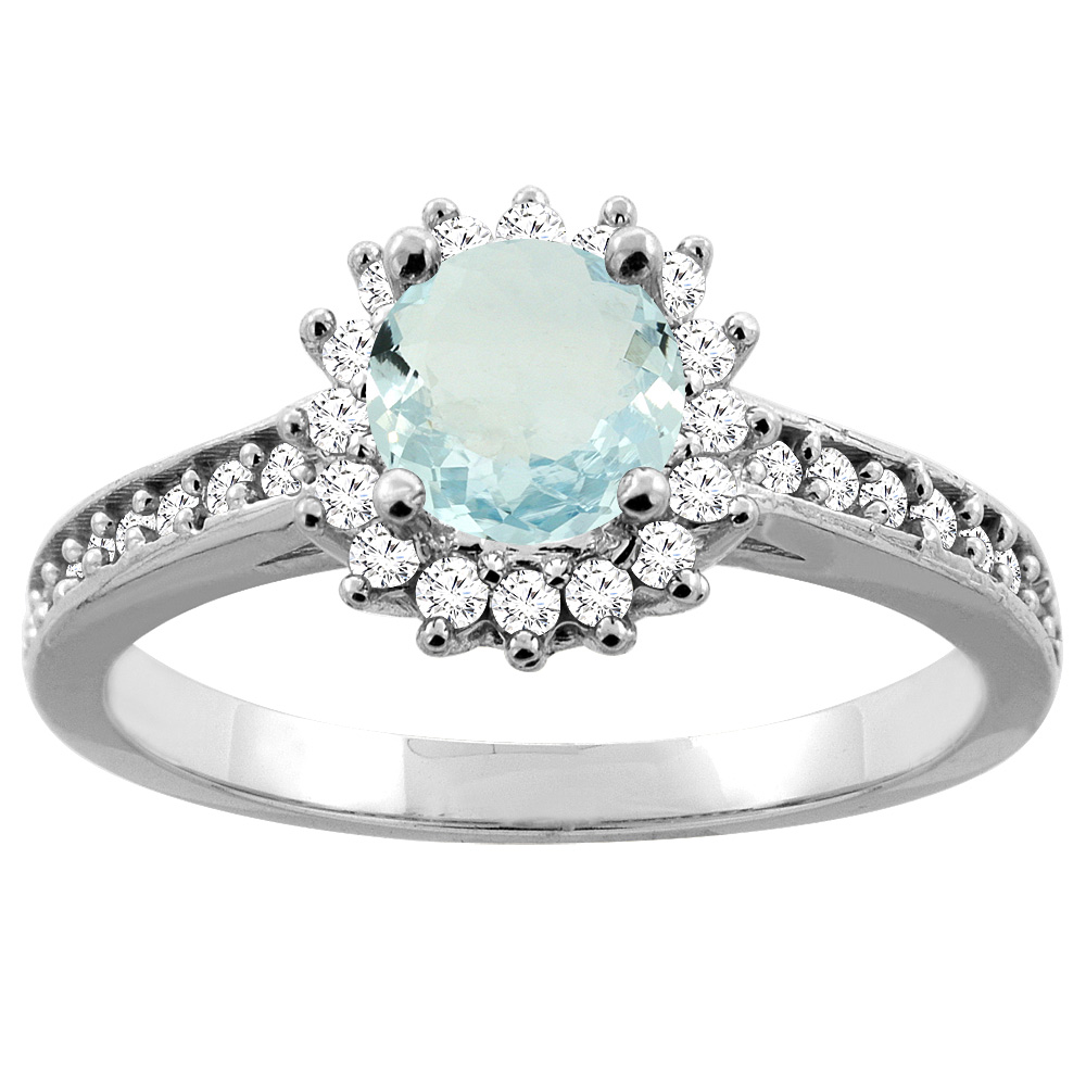 Sabrina Silver 14K Gold Natural Aquamarine Floral Halo Diamond Engagement Ring Round 6mm, sizes 5 - 10