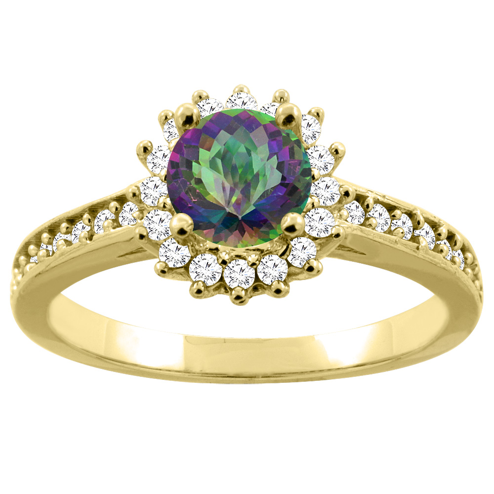 Sabrina Silver 14K Gold Natural Mystic Topaz Floral Halo Diamond Engagement Ring Round 6mm, sizes 5 - 10