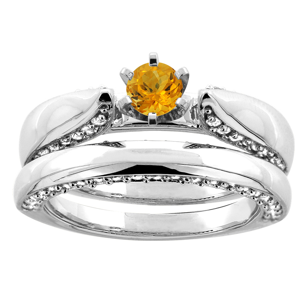 Sabrina Silver 14K White Gold Natural Citrine 2-piece Bridal Ring Set Diamond Accents Round 5mm, sizes 5 - 10