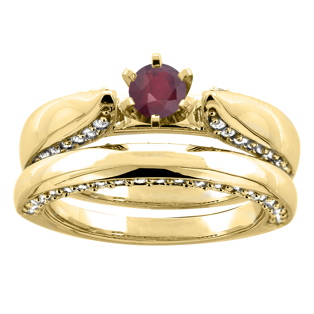 Sabrina Silver 14K Yellow Gold Natural Enhanced Ruby 2-piece Bridal Ring Set Diamond Accents Round 5mm, sizes 5 - 10