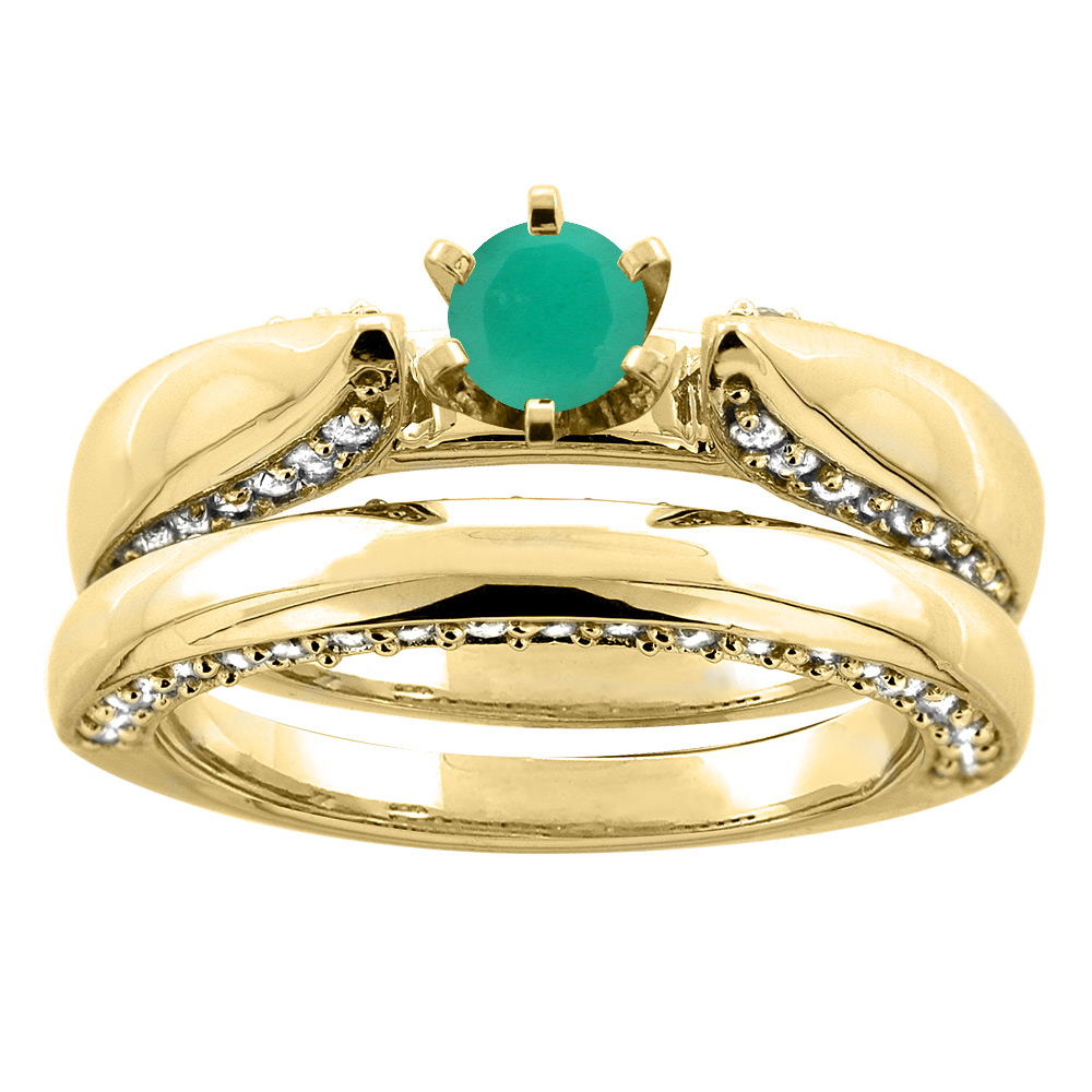 Sabrina Silver 14K Yellow Gold Natural Emerald 2-piece Bridal Ring Set Diamond Accents Round 5mm, sizes 5 - 10