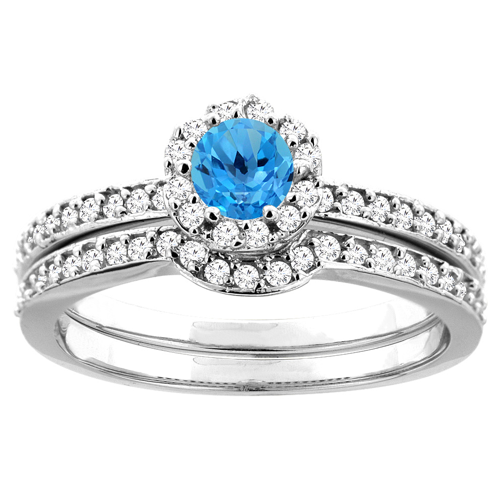 Sabrina Silver 14K White Gold Natural Swiss Blue Topaz 2-pc Bridal Ring Set Diamond Accent Round 4mm, sizes 5 - 10