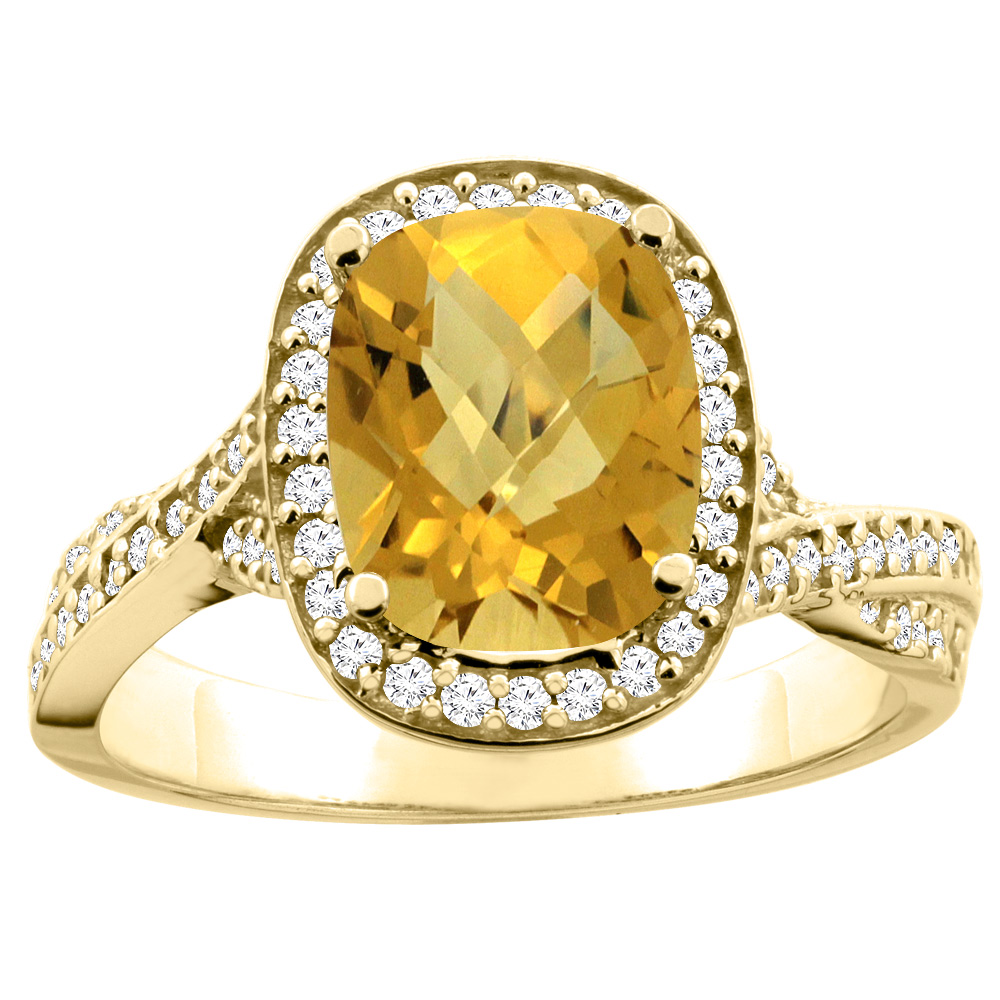 Sabrina Silver 10K Yellow Gold Natural Whisky Quartz Halo Ring Cushion 9x7mm Diamond Accent, sizes 5 - 10