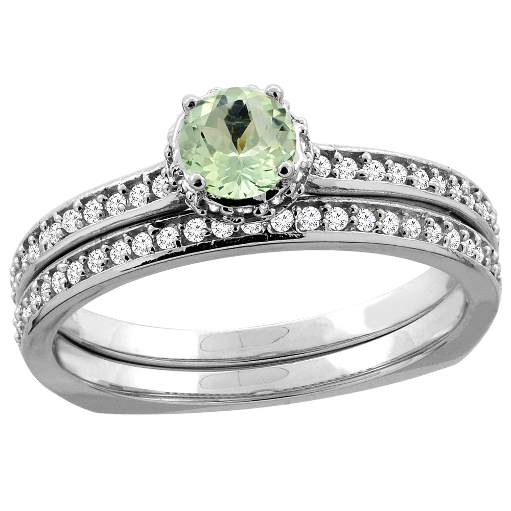 Sabrina Silver 14K White Gold Diamond Natural Green Amethyst 2-pc Bridal Ring Set Round 4mm, sizes 5 - 10