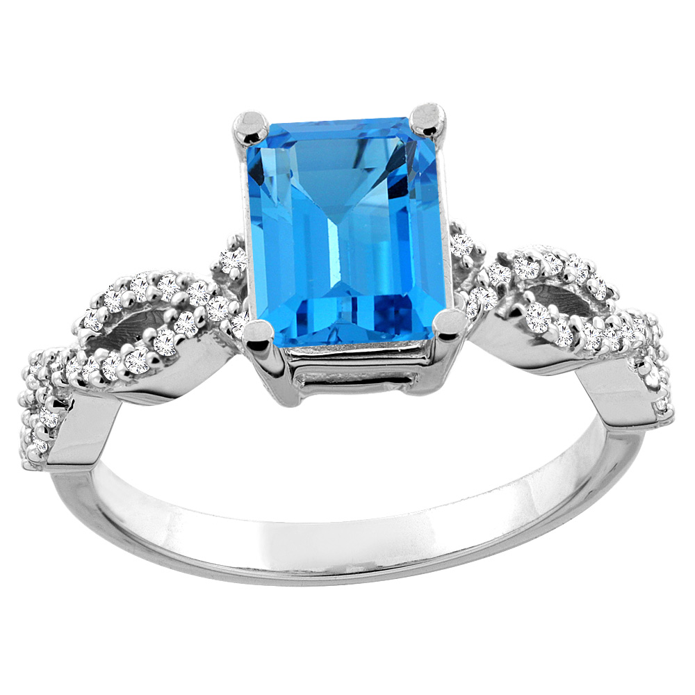 Sabrina Silver 10K  Gold Genuine Blue Topaz Eternity Ring Octagon 9x7mm Diamond Accent sizes 5 - 10