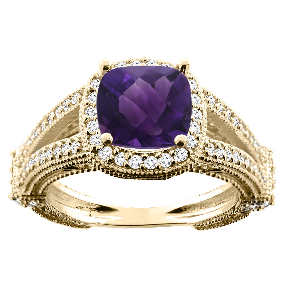 Sabrina Silver 10K White/Yellow/Rose Gold Genuine Amethyst Cushion 8x8mm Diamond Accent 3/8 inch wide sizes 5 - 10