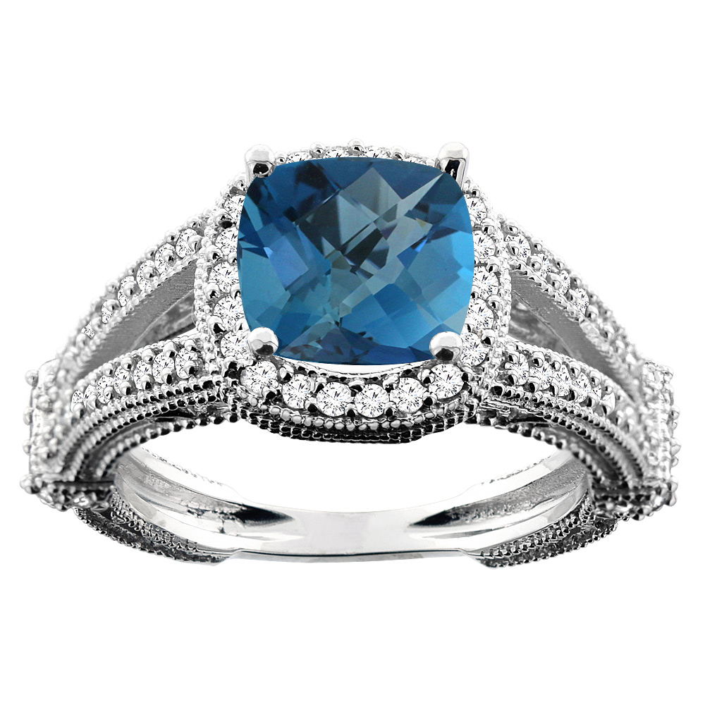 Sabrina Silver 10K White/Yellow/Rose Gold Natural London Blue Topaz Cushion 8x8mm Diamond Accent 3/8 inch wide, sizes 5 - 10