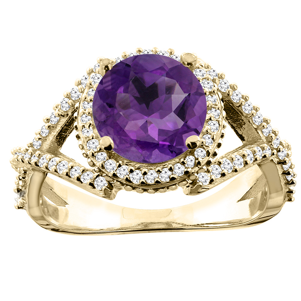 Sabrina Silver 10K White/Yellow/Rose Gold Genuine Amethyst Ring Round 8mm Diamond Accent sizes 5 - 10