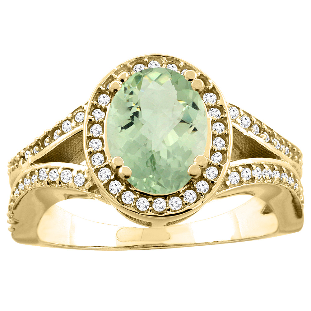 Sabrina Silver 10K White/Yellow Gold Genuine Green Amethyst Split Ring Oval 8x6mm Diamond Accent sizes 5 - 10