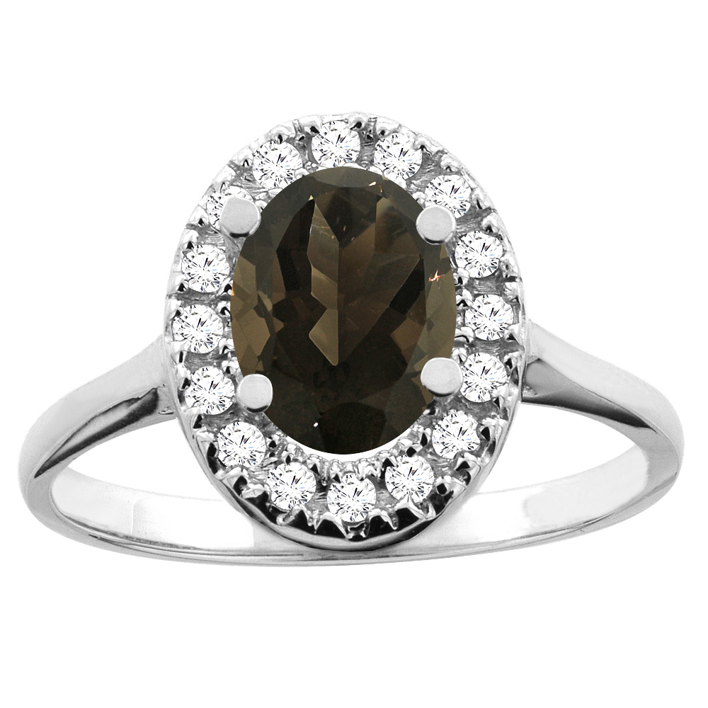 Sabrina Silver 10K White/Yellow Gold Natural Smoky Topaz Ring Oval 8x6mm Diamond Accent, sizes 5 - 10