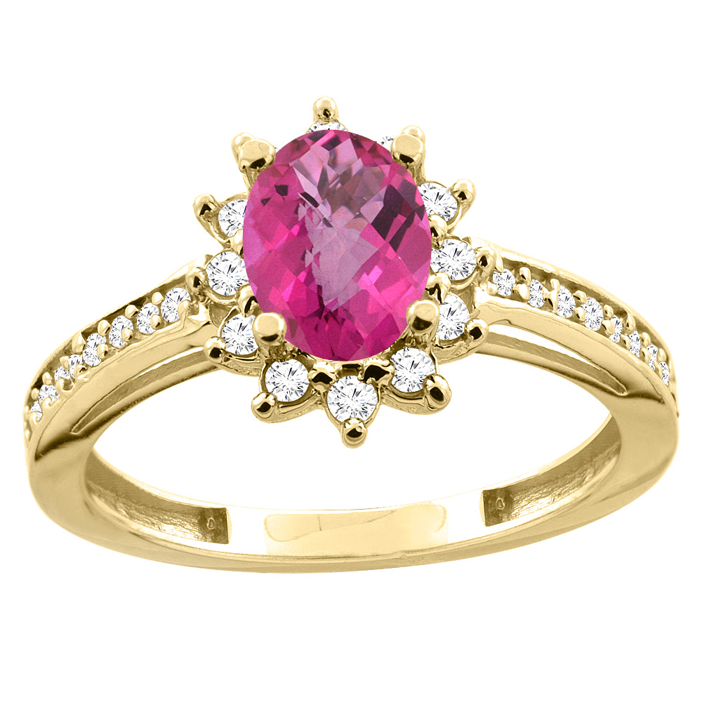 Sabrina Silver 10K White/Yellow Gold Diamond Natural Pink Topaz Floral Halo Engagement Ring Oval 7x5mm, sizes 5 - 10