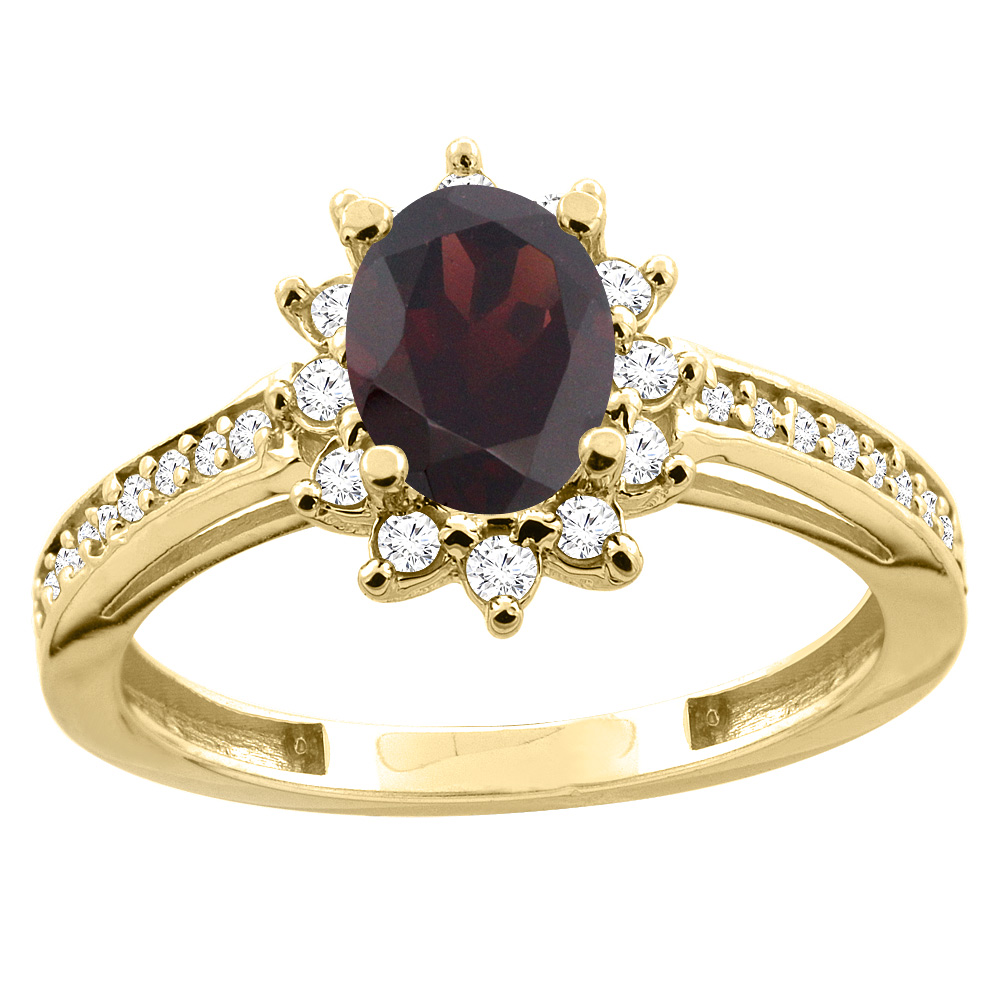 Sabrina Silver 10K White/Yellow Gold Diamond Natural Garnet Floral Halo Engagement Ring Oval 7x5mm, sizes 5 - 10