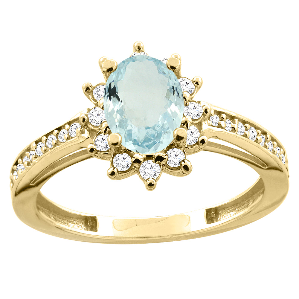 Sabrina Silver 10K White/Yellow Gold Diamond Natural Aquamarine Floral Halo Engagement Ring Oval 7x5mm, sizes 5 - 10