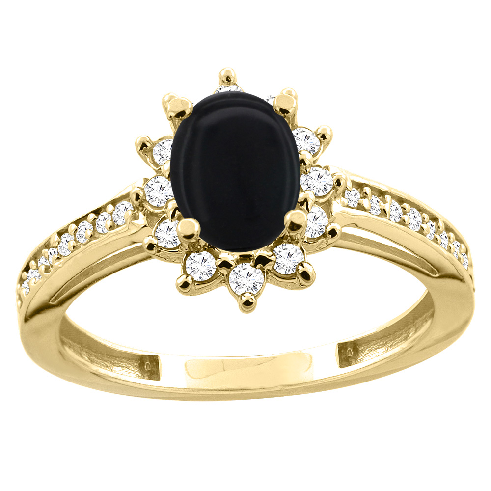 Sabrina Silver 10K White/Yellow Gold Diamond Natural Black Onyx Floral Halo Engagement Ring Oval 7x5mm, sizes 5 - 10