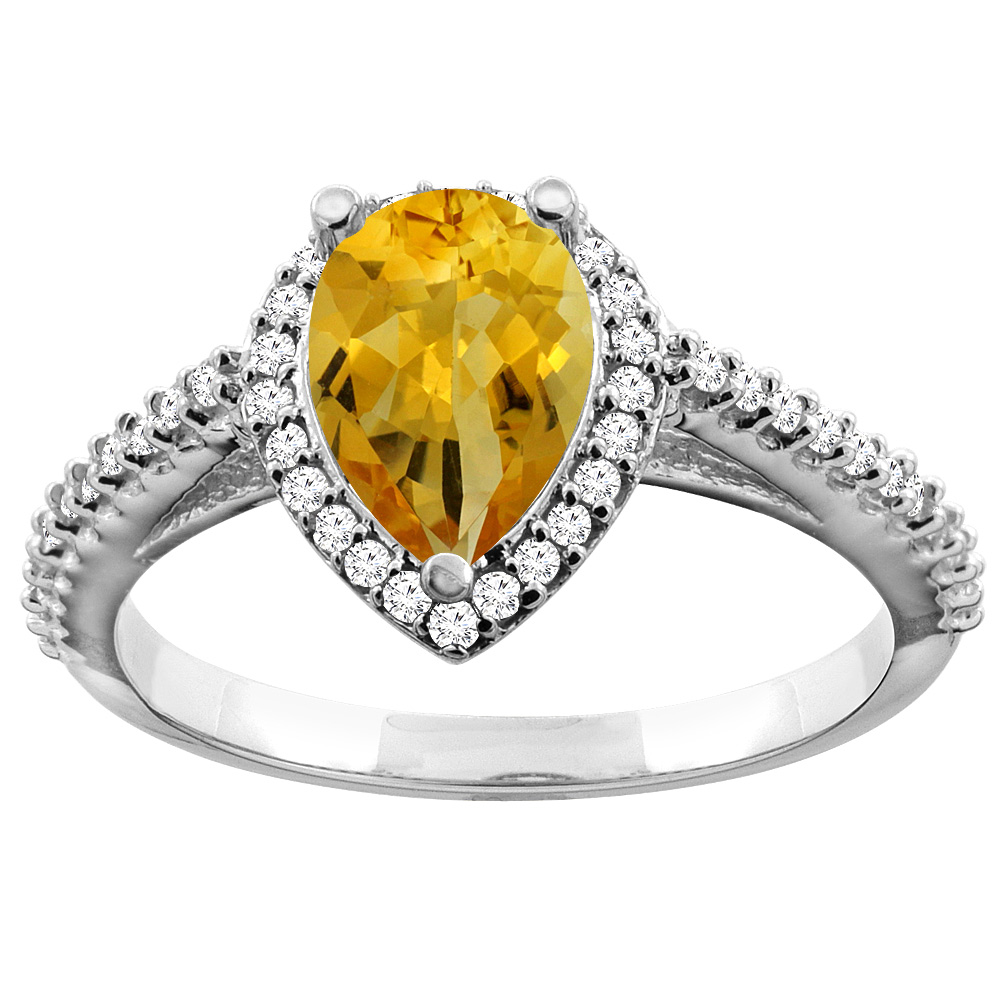 Sabrina Silver 10K White Gold Natural Citrine Ring Pear 9x7mm Diamond Accents, sizes 5 - 10